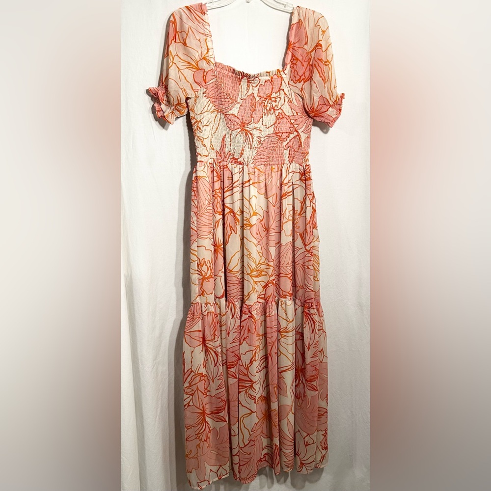 WOMENS LARGE PINK CREAM FLORAL SHIRRED BODICE PUFF SHORT SLEV LINED TIERED DRESS